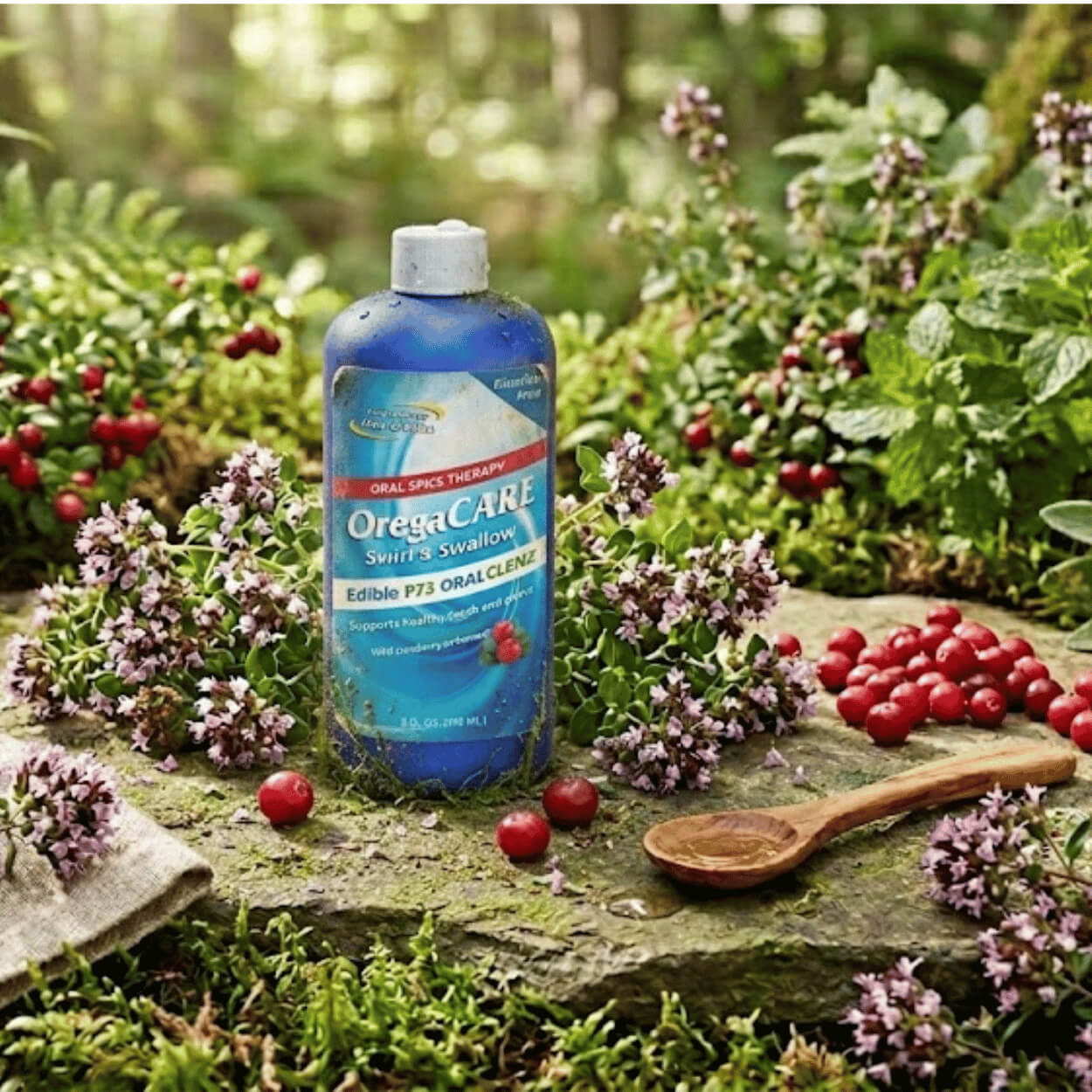 The image shows a slightly dewy blue bottle of OregaCARE Herbal Mouthwash placed on a moss-covered stone in a forest setting, surrounded by blooming oregano and wild cranberries.